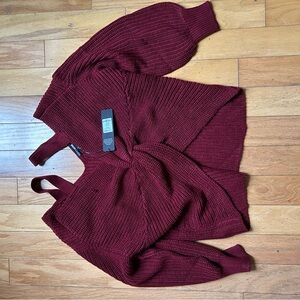 Fashion Nova Red V-Neck Sweater with Textured Knit